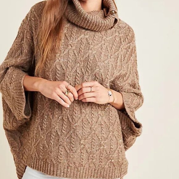 Anthropologie XS NWT Corinne Cable Knit Poncho Sweater Taupe Tan - Picture 5 of 8